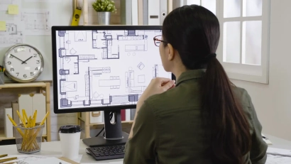 a person looking at a floor plan on a computer