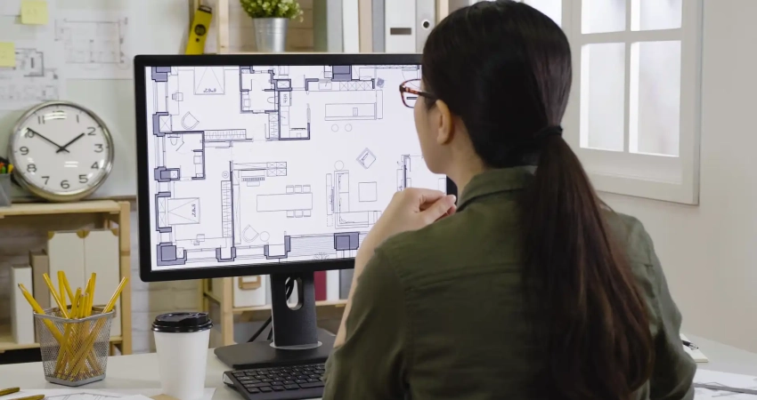 a person looking at a floor plan on a computer