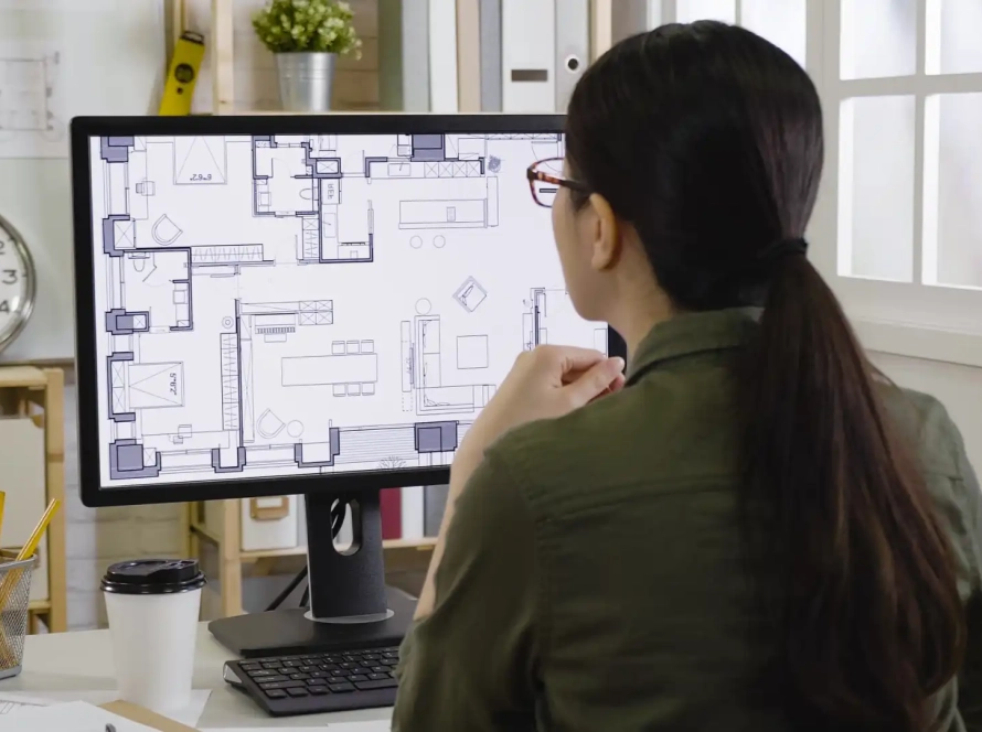 a person looking at a floor plan on a computer